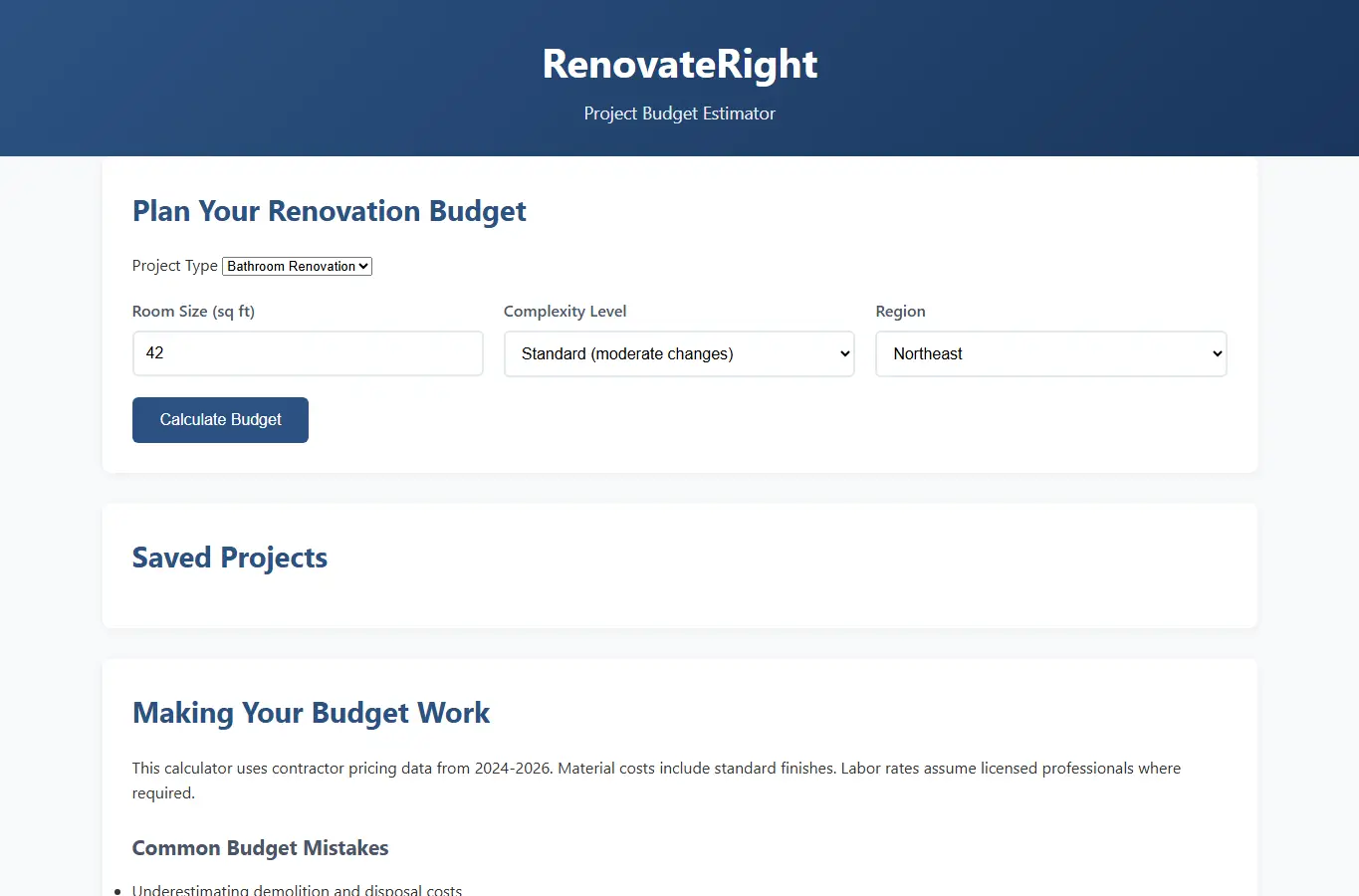 Screenshot of RenovateRight: Project Budget Estimator interface showing the project page in use